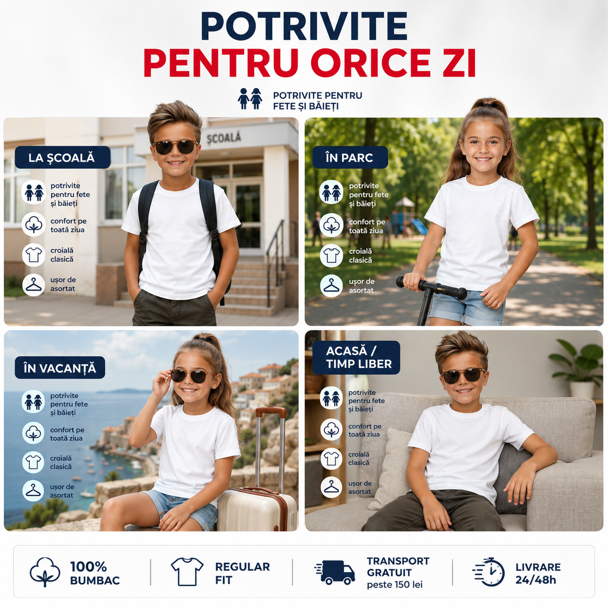 Set 5 tricouri albe copii, confortabile, respirabile și ușor de purtat &icirc;n fiecare zi